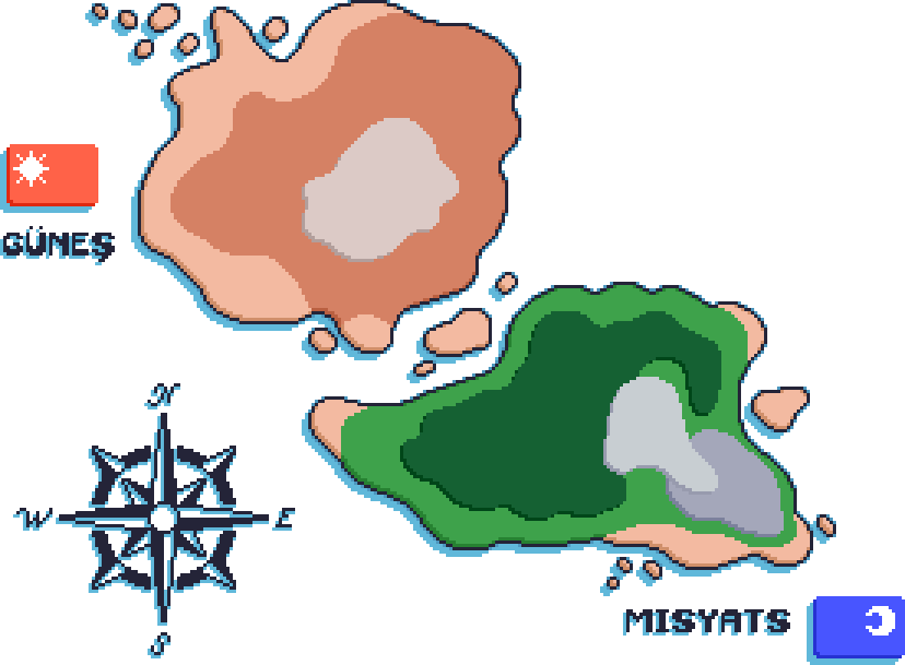 A postcard map of the celestial islands, the island to the left is Güneş and the one on the right is Misyats.