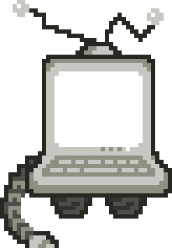 A robot in the general shape of a computer screen on wheels is standing on a desk littered with clutter, looking at you.